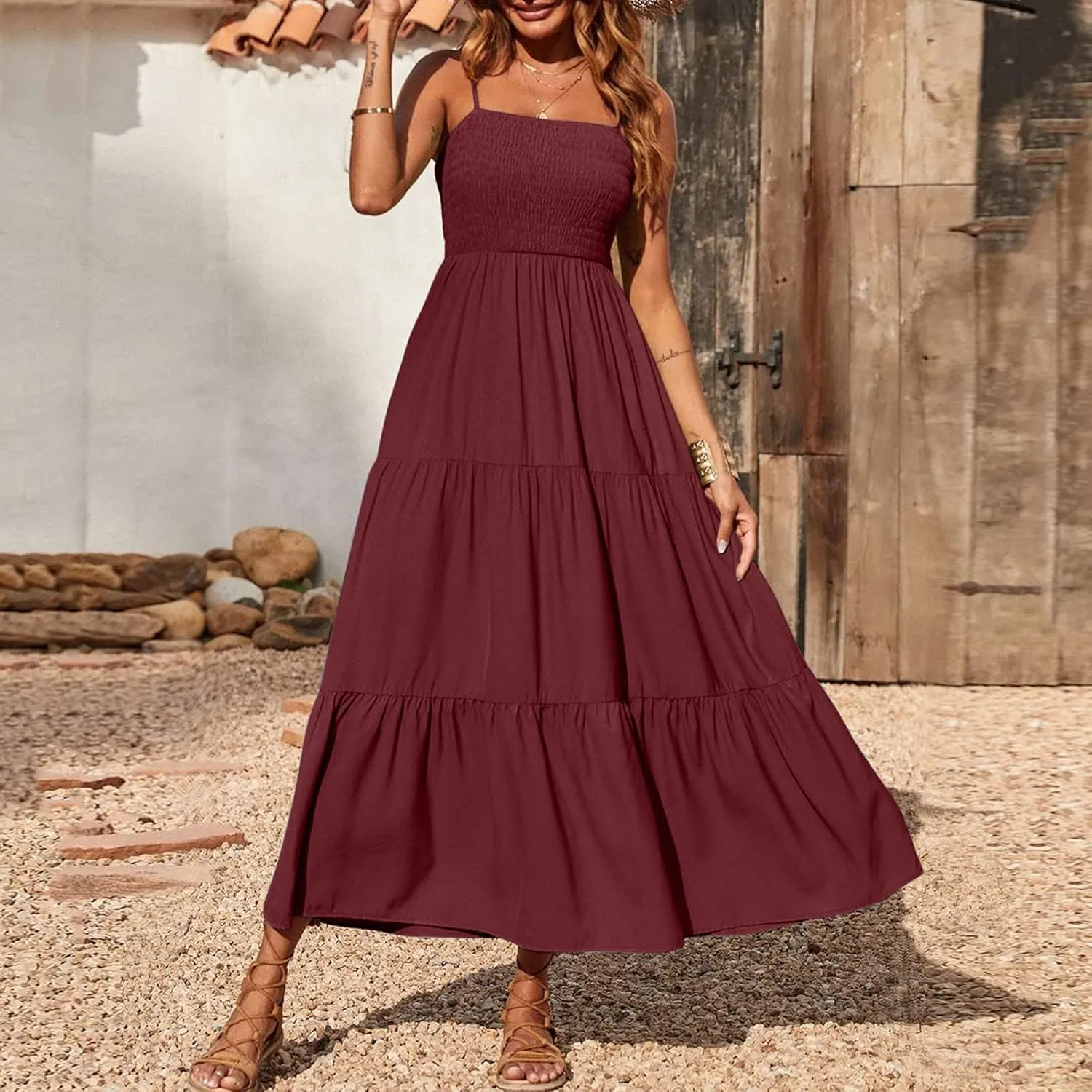 Women's Summer Maxi Dress Casual Boho Sleeveless High Waisted Spaghetti Strap Smocked Tiered Solid Beach Sun Dresses