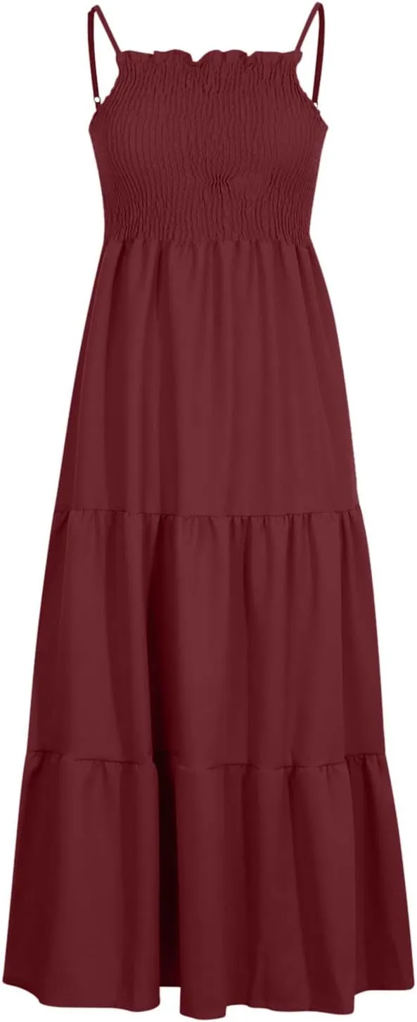 Women's Summer Maxi Dress Casual Boho Sleeveless High Waisted Spaghetti Strap Smocked Tiered Solid Beach Sun Dresses