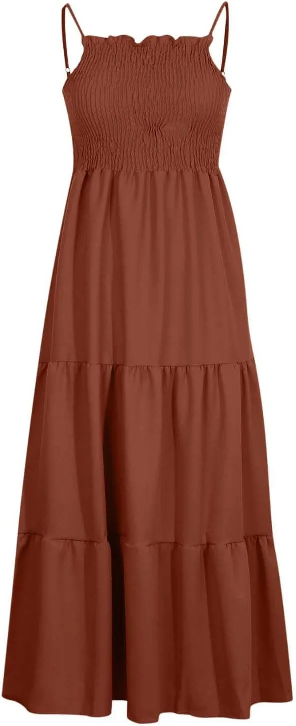 Women's Summer Maxi Dress Casual Boho Sleeveless High Waisted Spaghetti Strap Smocked Tiered Solid Beach Sun Dresses