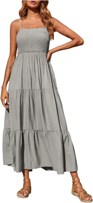 Women's Summer Maxi Dress Casual Boho Sleeveless High Waisted Spaghetti Strap Smocked Tiered Solid Beach Sun Dresses