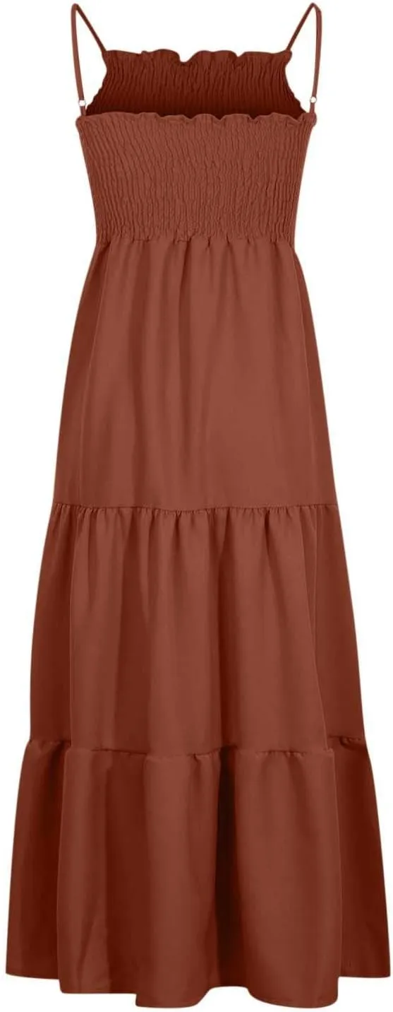 Women's Summer Maxi Dress Casual Boho Sleeveless High Waisted Spaghetti Strap Smocked Tiered Solid Beach Sun Dresses