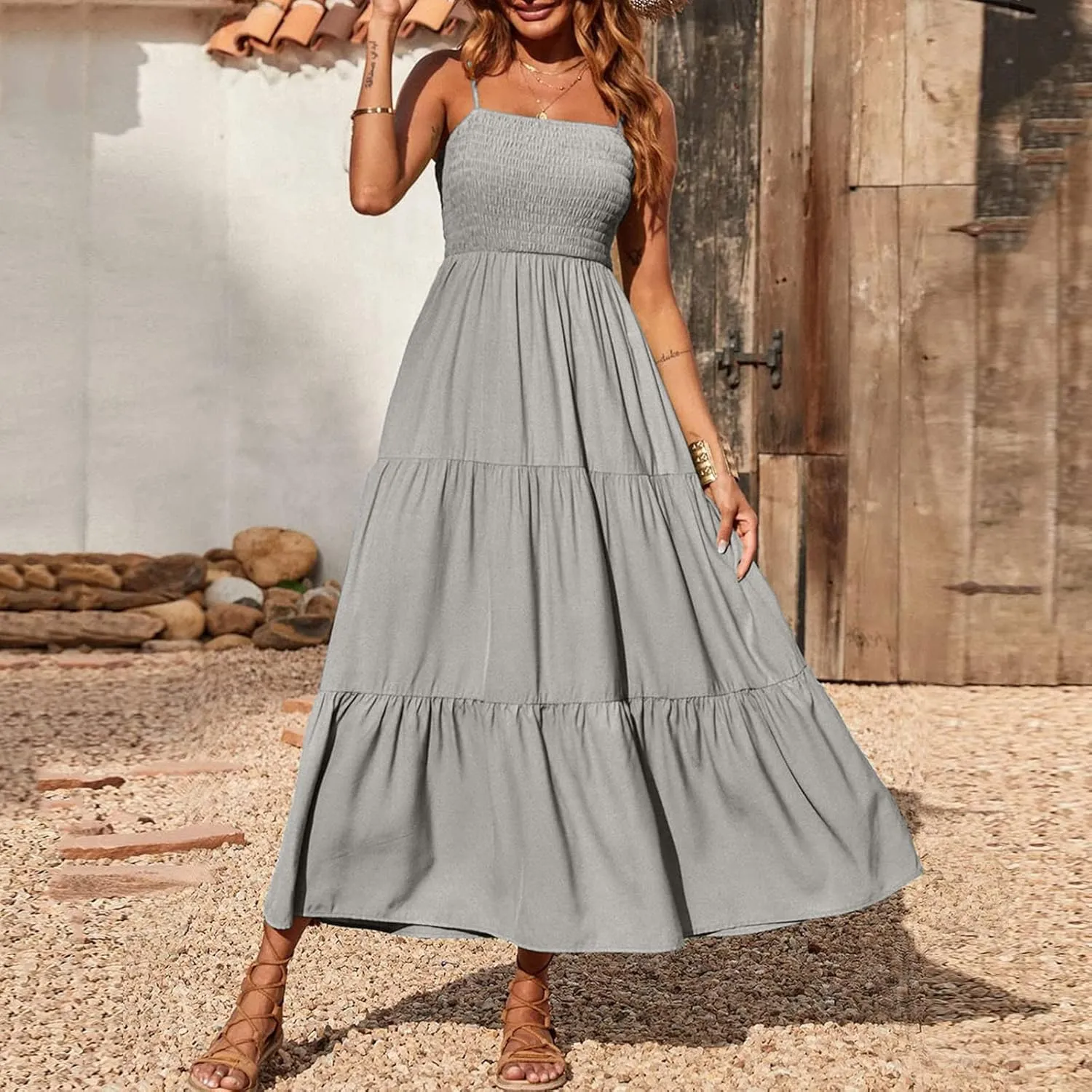 Women's Summer Maxi Dress Casual Boho Sleeveless High Waisted Spaghetti Strap Smocked Tiered Solid Beach Sun Dresses