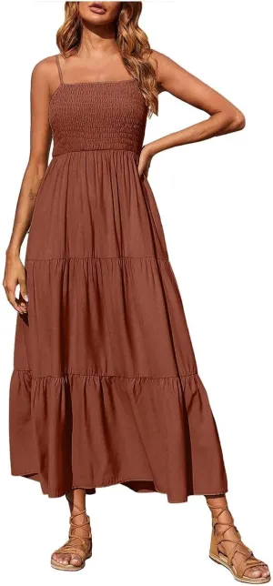Women's Summer Maxi Dress Casual Boho Sleeveless High Waisted Spaghetti Strap Smocked Tiered Solid Beach Sun Dresses