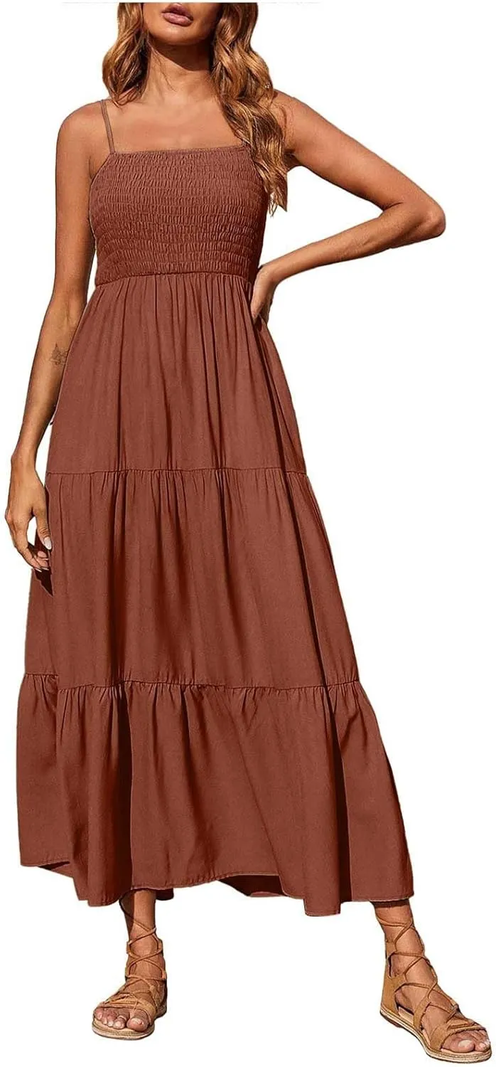 Women's Summer Maxi Dress Casual Boho Sleeveless High Waisted Spaghetti Strap Smocked Tiered Solid Beach Sun Dresses