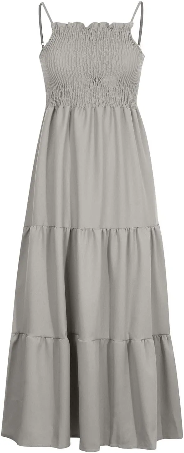 Women's Summer Maxi Dress Casual Boho Sleeveless High Waisted Spaghetti Strap Smocked Tiered Solid Beach Sun Dresses