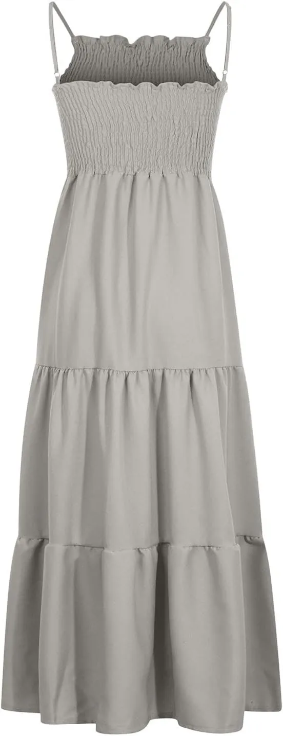 Women's Summer Maxi Dress Casual Boho Sleeveless High Waisted Spaghetti Strap Smocked Tiered Solid Beach Sun Dresses