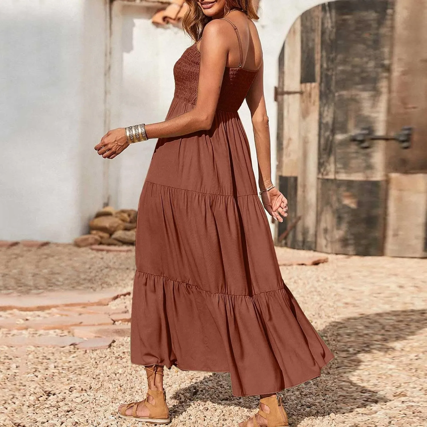 Women's Summer Maxi Dress Casual Boho Sleeveless High Waisted Spaghetti Strap Smocked Tiered Solid Beach Sun Dresses