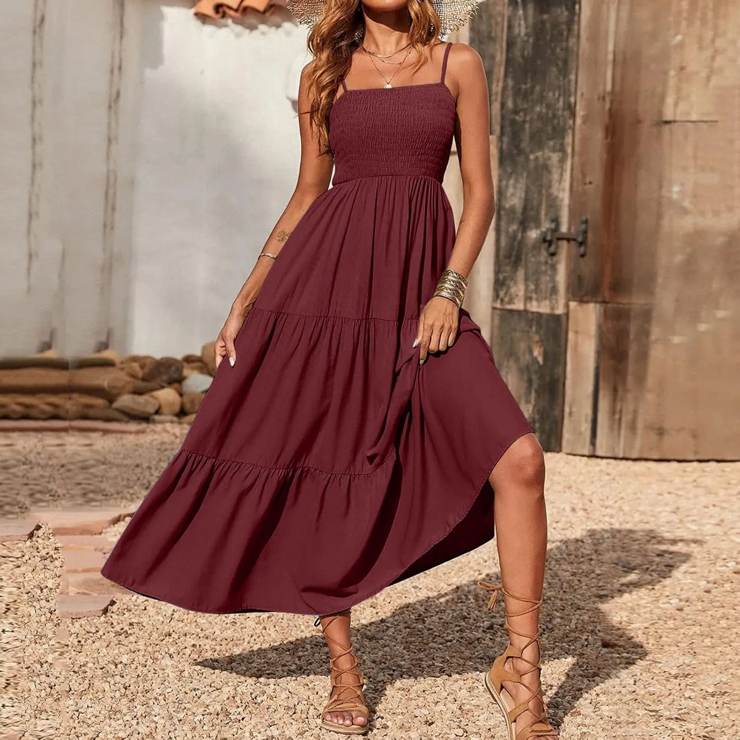 Women's Summer Maxi Dress Casual Boho Sleeveless High Waisted Spaghetti Strap Smocked Tiered Solid Beach Sun Dresses