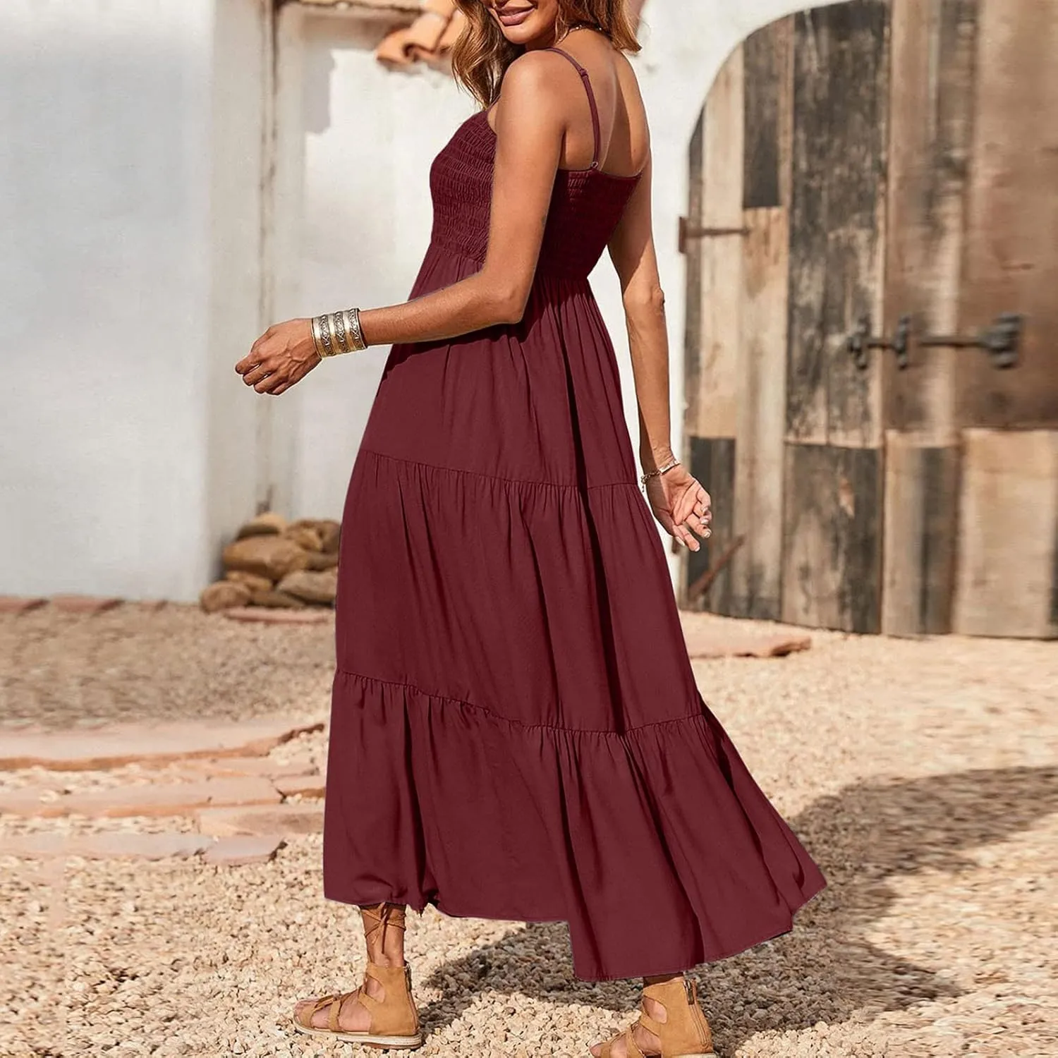 Women's Summer Maxi Dress Casual Boho Sleeveless High Waisted Spaghetti Strap Smocked Tiered Solid Beach Sun Dresses
