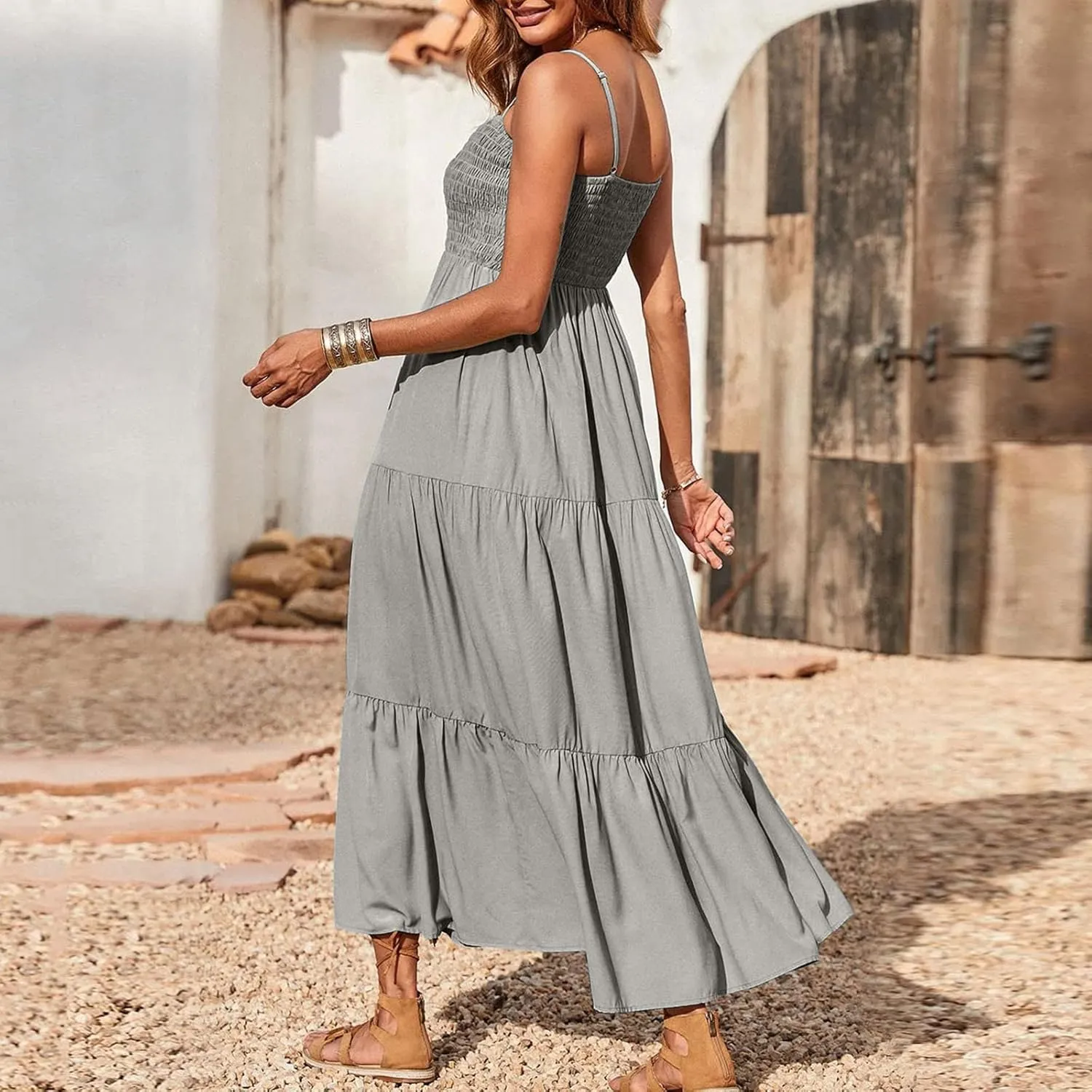 Women's Summer Maxi Dress Casual Boho Sleeveless High Waisted Spaghetti Strap Smocked Tiered Solid Beach Sun Dresses