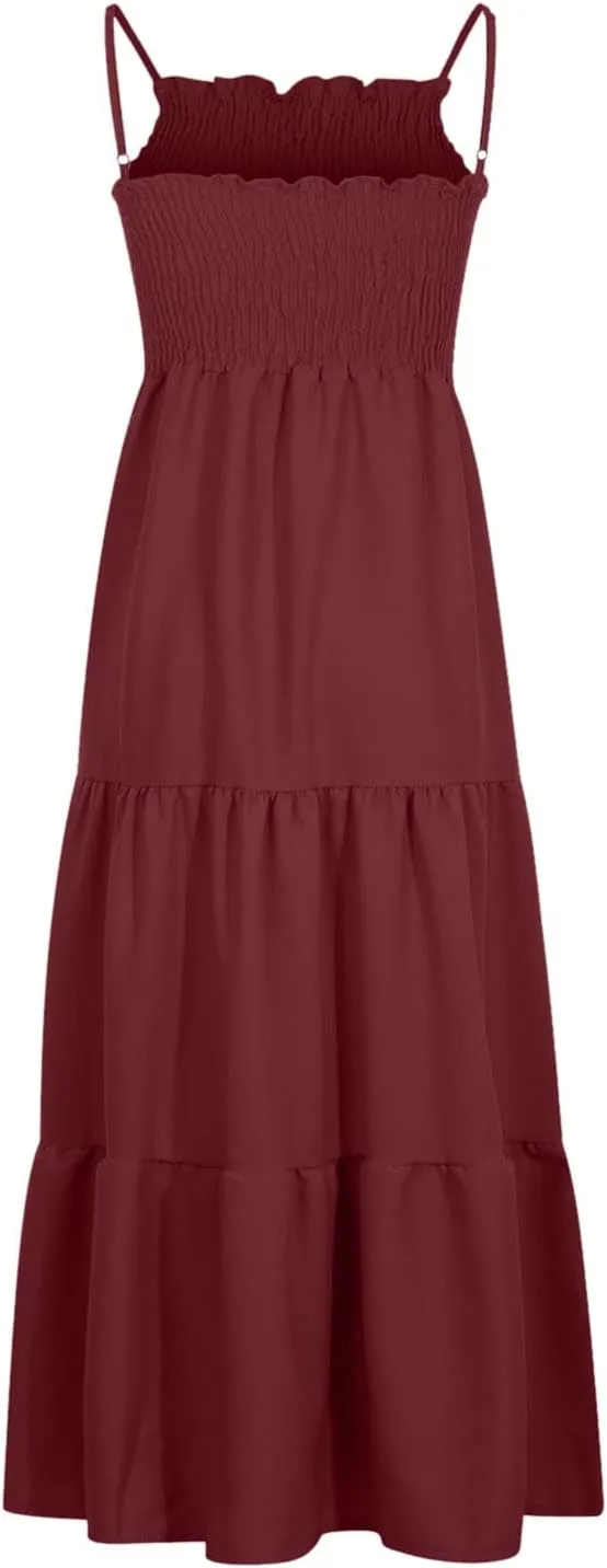 Women's Summer Maxi Dress Casual Boho Sleeveless High Waisted Spaghetti Strap Smocked Tiered Solid Beach Sun Dresses