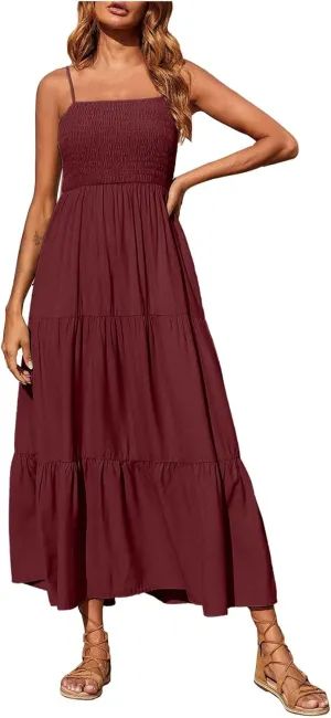 Women's Summer Maxi Dress Casual Boho Sleeveless High Waisted Spaghetti Strap Smocked Tiered Solid Beach Sun Dresses