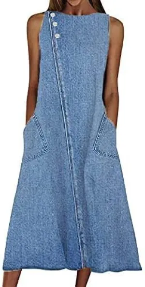 Women's Summer Sleeveless Denim A Line Maxi Dress Flowy Casual Loose Beach Jean Sundresses with Pockets