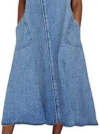 Women's Summer Sleeveless Denim A Line Maxi Dress Flowy Casual Loose Beach Jean Sundresses with Pockets