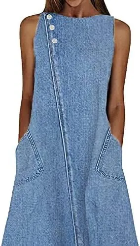 Women's Summer Sleeveless Denim A Line Maxi Dress Flowy Casual Loose Beach Jean Sundresses with Pockets