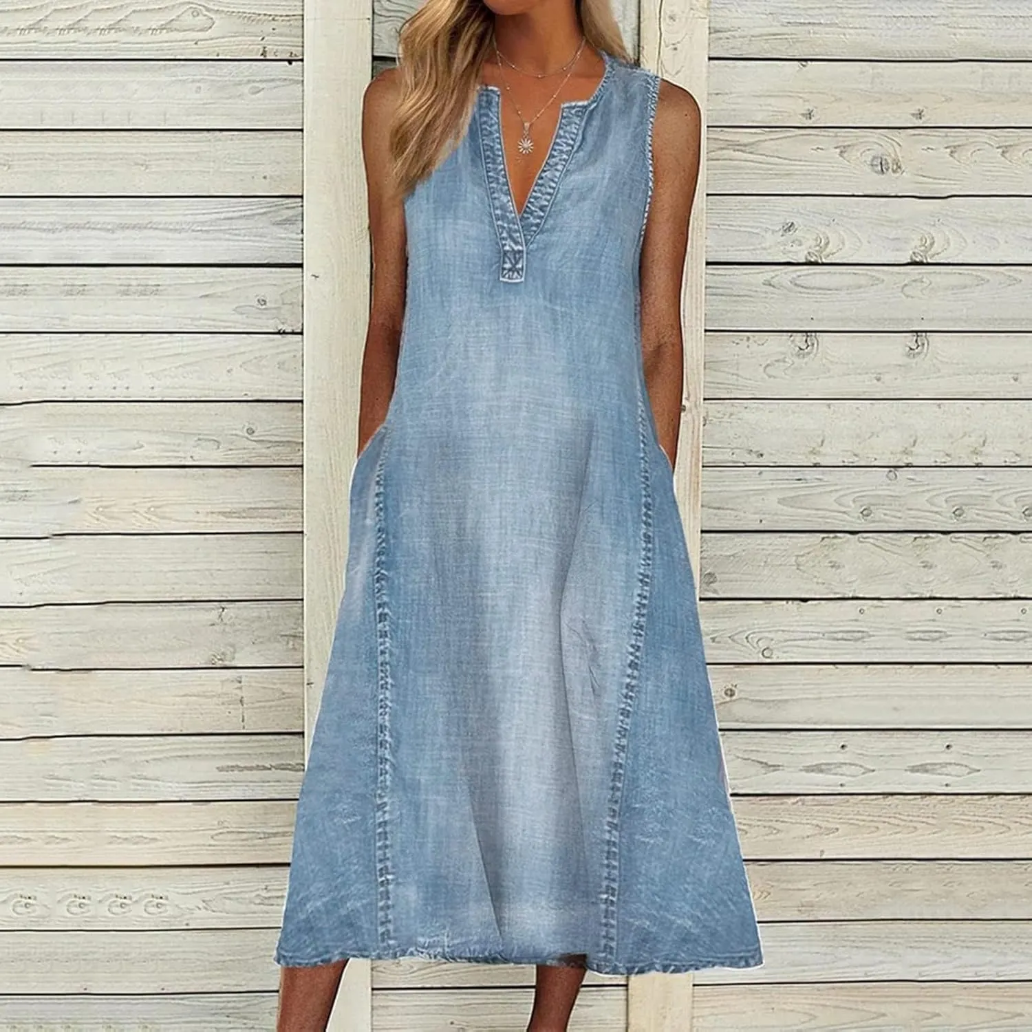 Women's Summer Sleeveless Denim A Line Maxi Dress Flowy Casual Loose Beach Jean Sundresses with Pockets