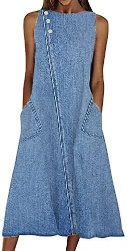 Women's Summer Sleeveless Denim A Line Maxi Dress Flowy Casual Loose Beach Jean Sundresses with Pockets
