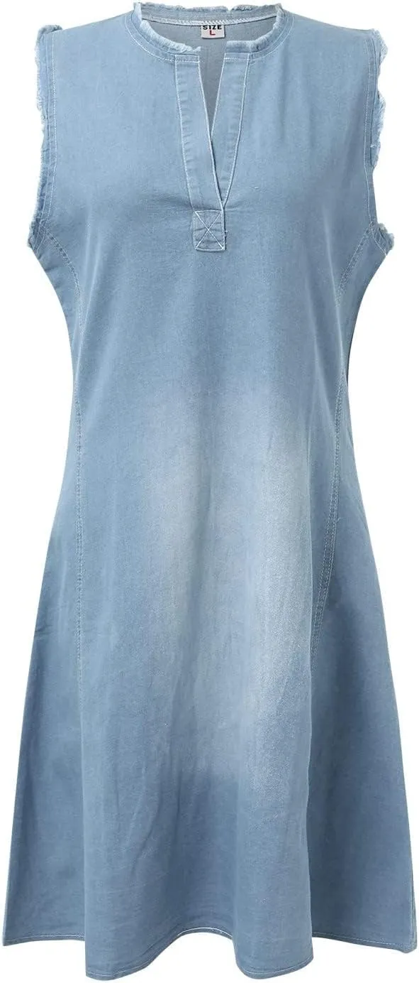 Women's Summer Sleeveless Denim A Line Maxi Dress Flowy Casual Loose Beach Jean Sundresses with Pockets