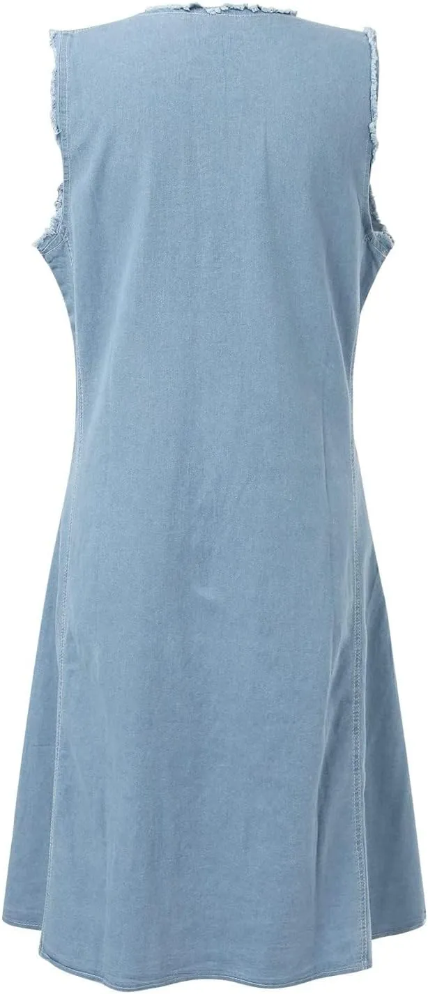 Women's Summer Sleeveless Denim A Line Maxi Dress Flowy Casual Loose Beach Jean Sundresses with Pockets