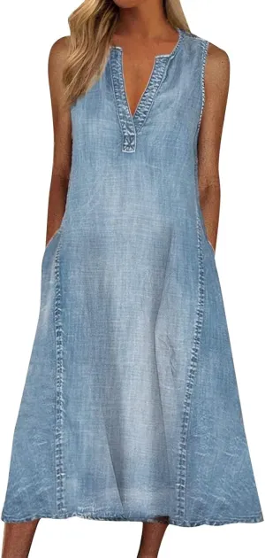 Women's Summer Sleeveless Denim A Line Maxi Dress Flowy Casual Loose Beach Jean Sundresses with Pockets