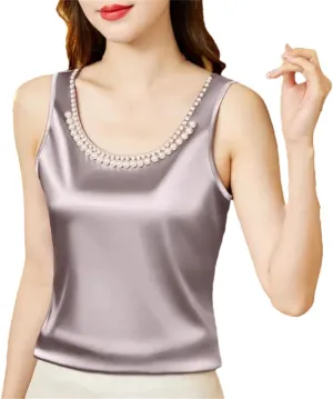 Women's Summer Solid Color Round Neck Beading Sleeveless Tops Fashion Loose All-Match Pullover Tanks Camisole