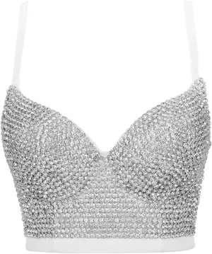 Womens Tank Tops Beaded Bra Camisole Wear Bright Diamond Tube Top Women Crop Tops Summer(White,38C)
