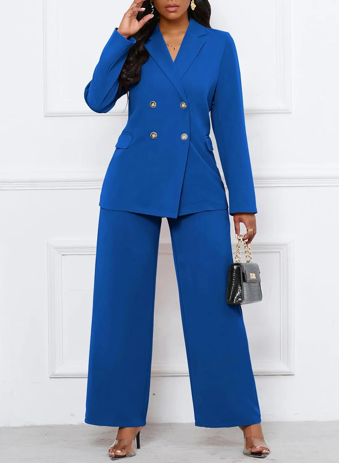 Women's Two Piece Outfits Casual Blazer Jacket Wide Leg Work Pants Business Suit Sets with Pocket