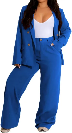 Women's Two Piece Outfits Casual Blazer Jacket Wide Leg Work Pants Business Suit Sets with Pocket