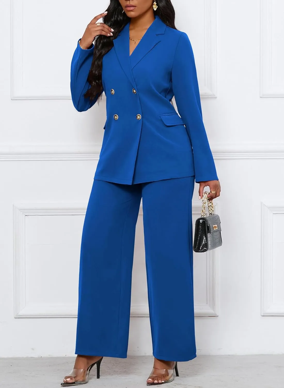 Women's Two Piece Outfits Casual Blazer Jacket Wide Leg Work Pants Business Suit Sets with Pocket