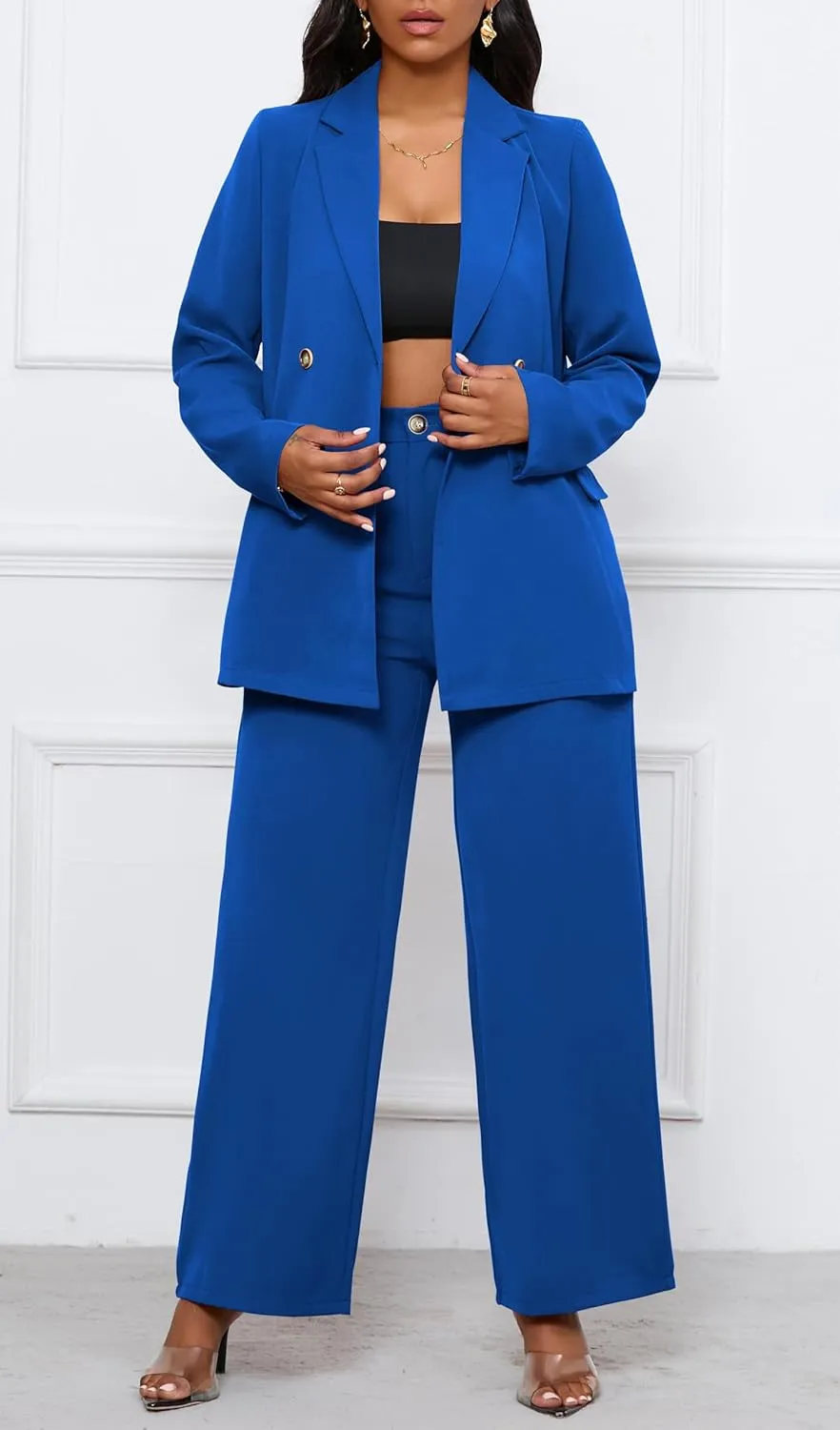 Women's Two Piece Outfits Casual Blazer Jacket Wide Leg Work Pants Business Suit Sets with Pocket