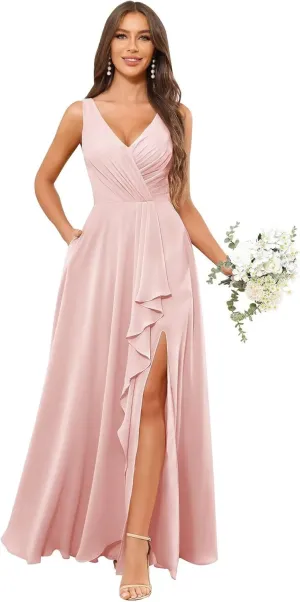 Women's V Neck Bridesmaid Dresses for Wedding Long Chiffon Ruffle Slit Formal Dress with Pocket