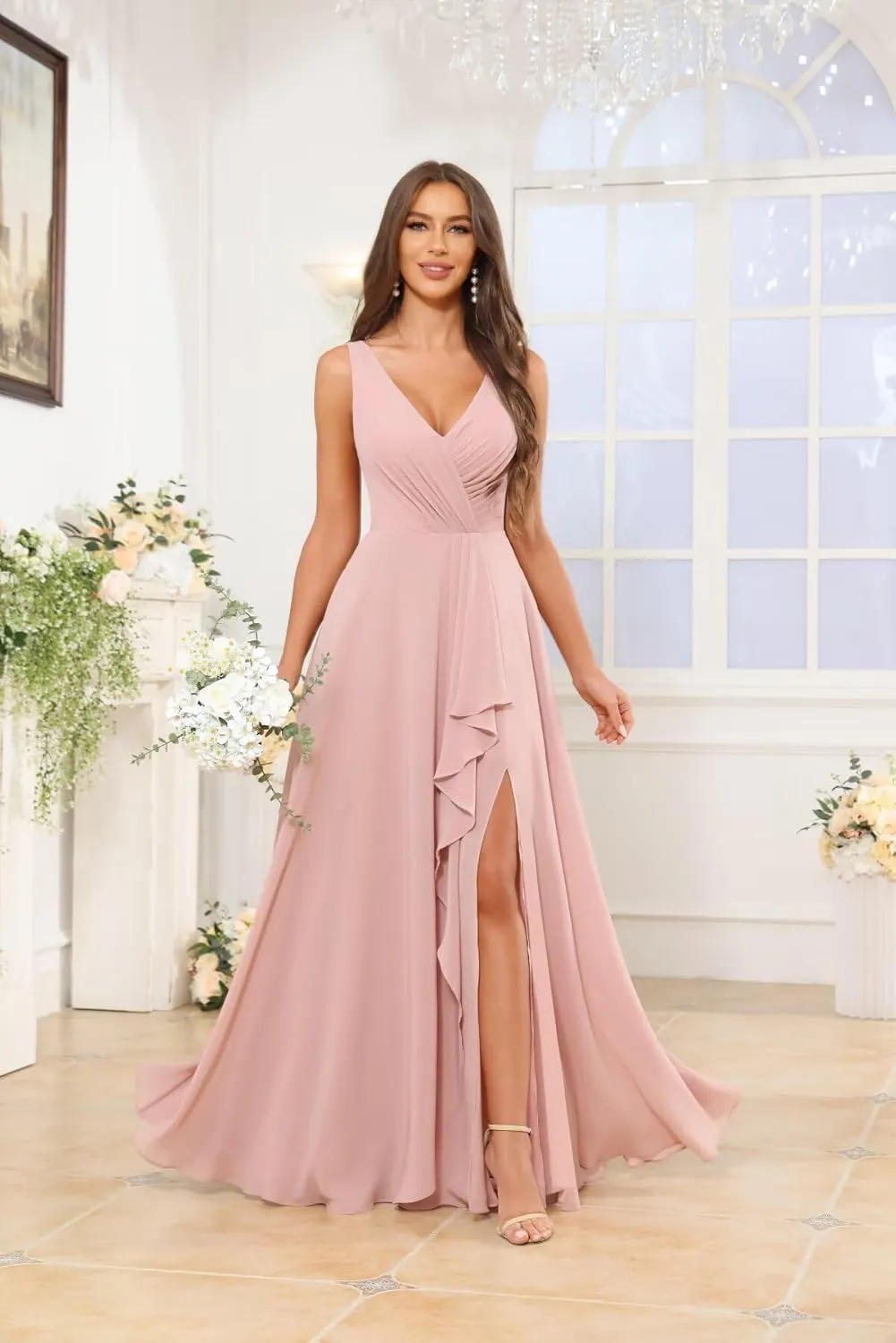 Women's V Neck Bridesmaid Dresses for Wedding Long Chiffon Ruffle Slit Formal Dress with Pocket