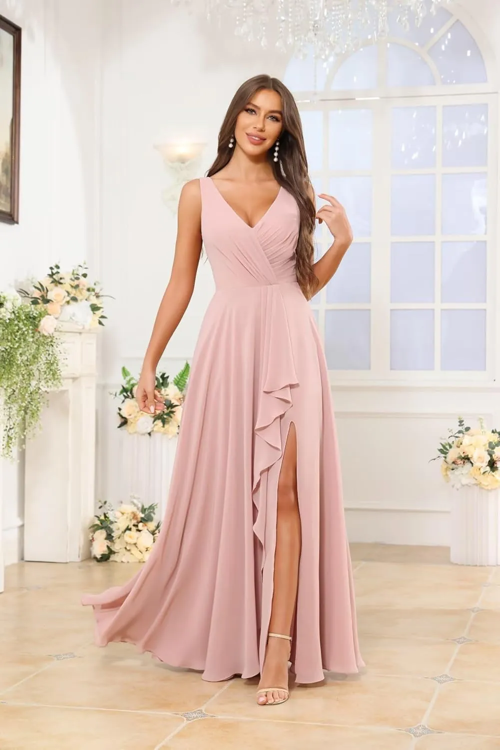 Women's V Neck Bridesmaid Dresses for Wedding Long Chiffon Ruffle Slit Formal Dress with Pocket