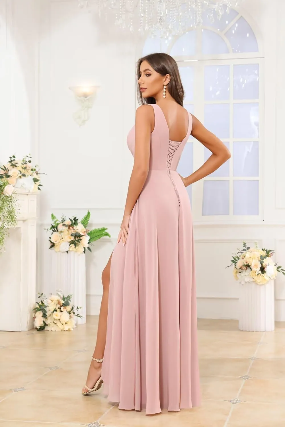 Women's V Neck Bridesmaid Dresses for Wedding Long Chiffon Ruffle Slit Formal Dress with Pocket