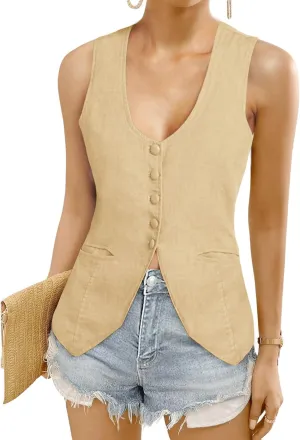 Womens Vest Top Trendy V Neck Summer Sleeveless Blazer Vest Waistcoat Linen Cotton Tank Tops 2025