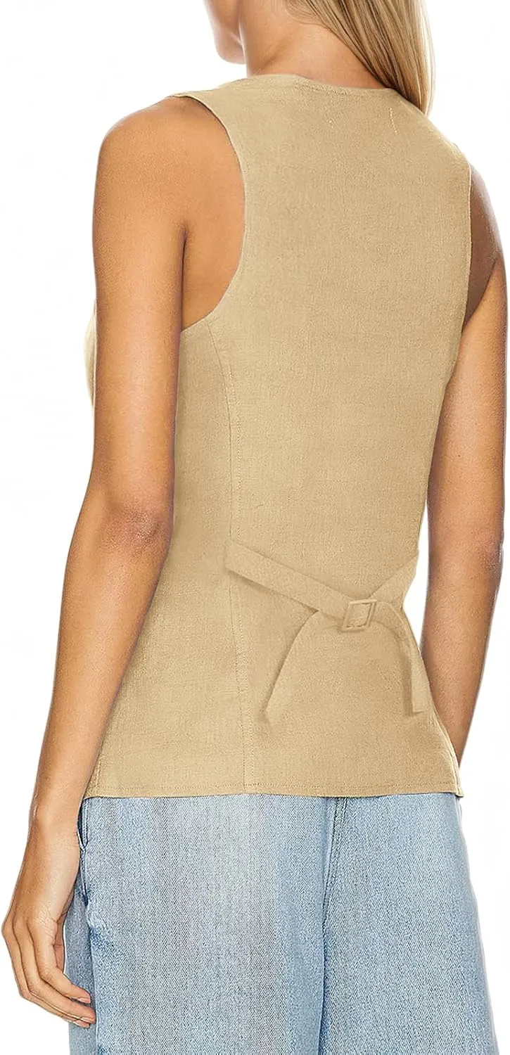 Womens Vest Top Trendy V Neck Summer Sleeveless Blazer Vest Waistcoat Linen Cotton Tank Tops 2025