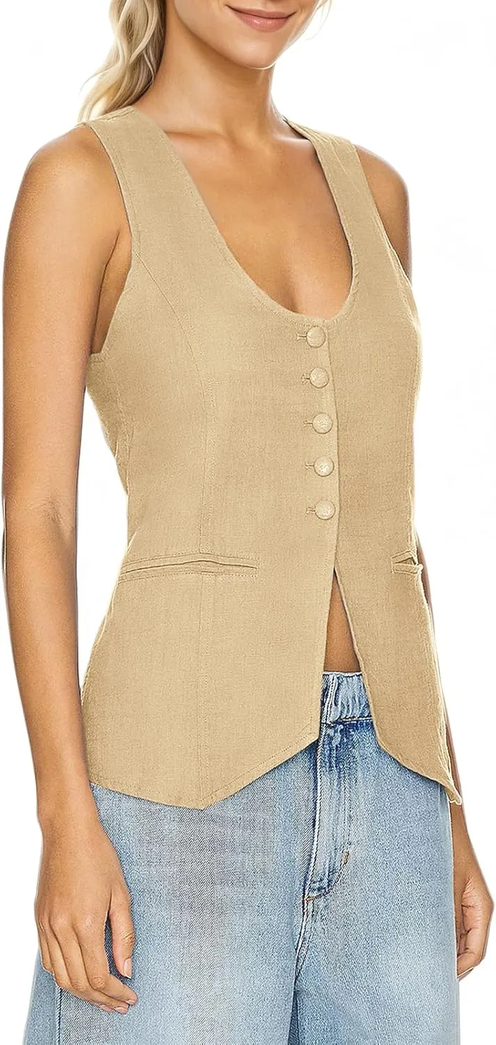 Womens Vest Top Trendy V Neck Summer Sleeveless Blazer Vest Waistcoat Linen Cotton Tank Tops 2025