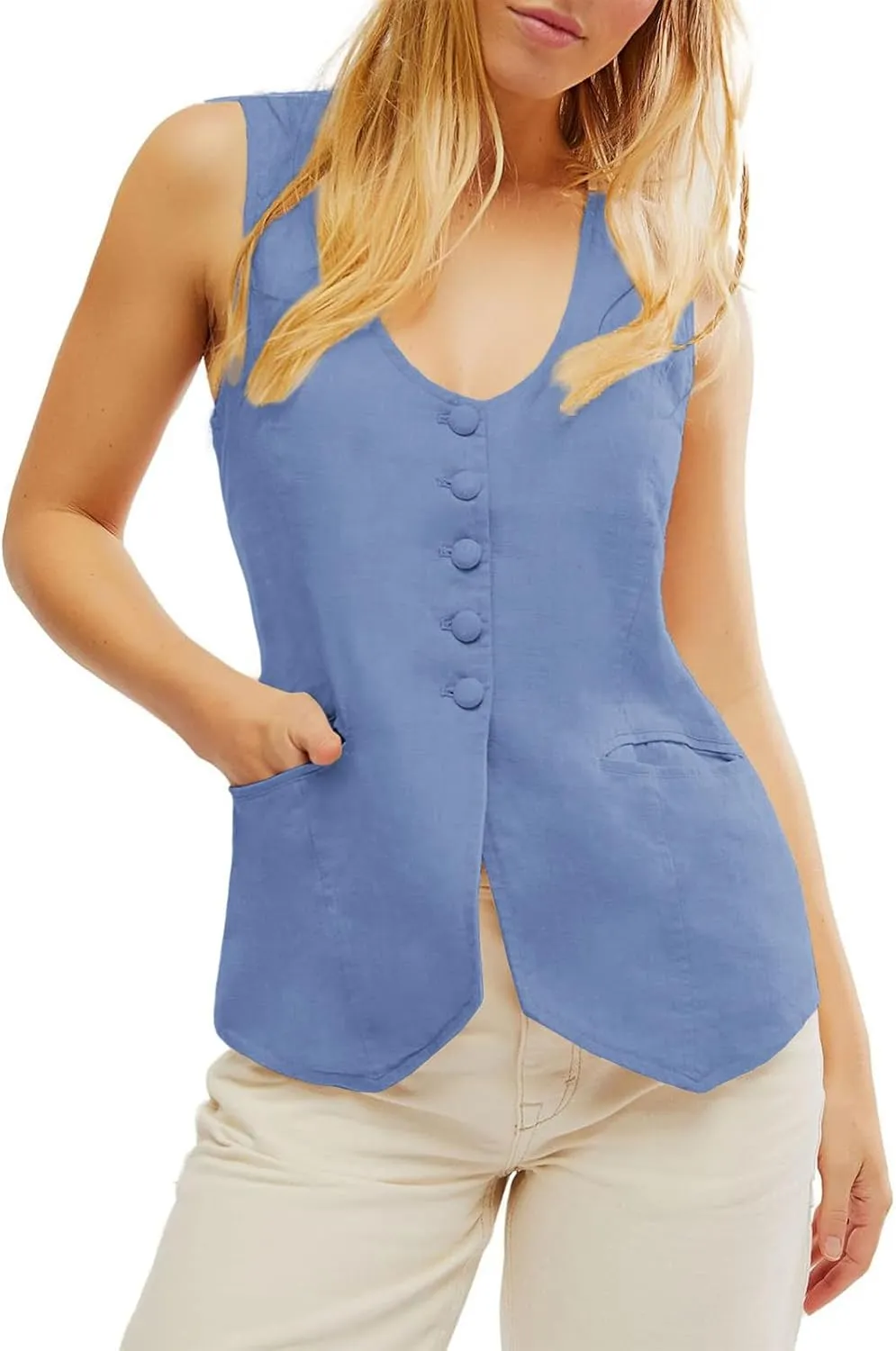 Womens Vest Top Trendy V Neck Summer Sleeveless Blazer Vest Waistcoat Linen Cotton Tank Tops 2025