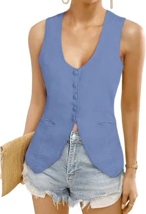 Womens Vest Top Trendy V Neck Summer Sleeveless Blazer Vest Waistcoat Linen Cotton Tank Tops 2025