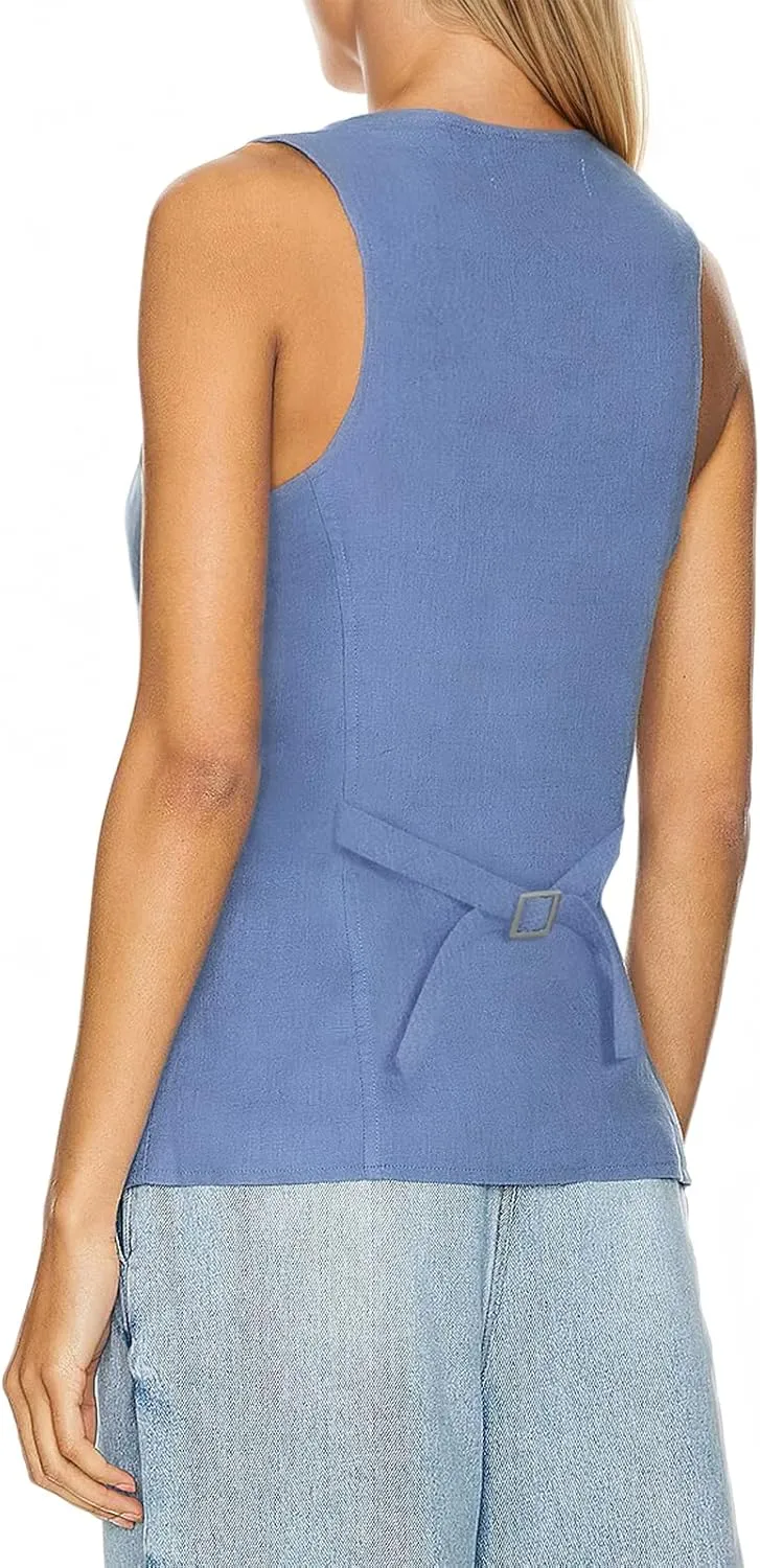 Womens Vest Top Trendy V Neck Summer Sleeveless Blazer Vest Waistcoat Linen Cotton Tank Tops 2025