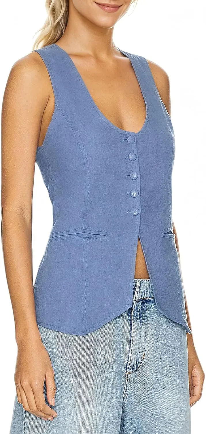 Womens Vest Top Trendy V Neck Summer Sleeveless Blazer Vest Waistcoat Linen Cotton Tank Tops 2025