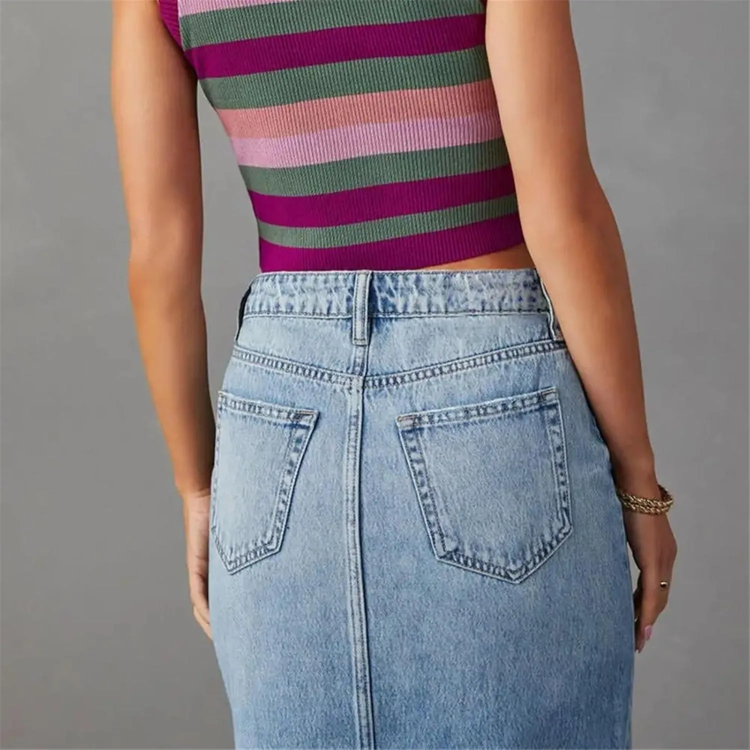 Women's Vintage High Waisted Washed Denim Skirt Trendy A-Line Front Slit Pocket Midi Skirt