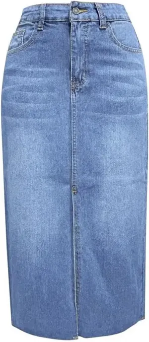 Women's Vintage High Waisted Washed Denim Skirt Trendy A-Line Front Slit Pocket Midi Skirt