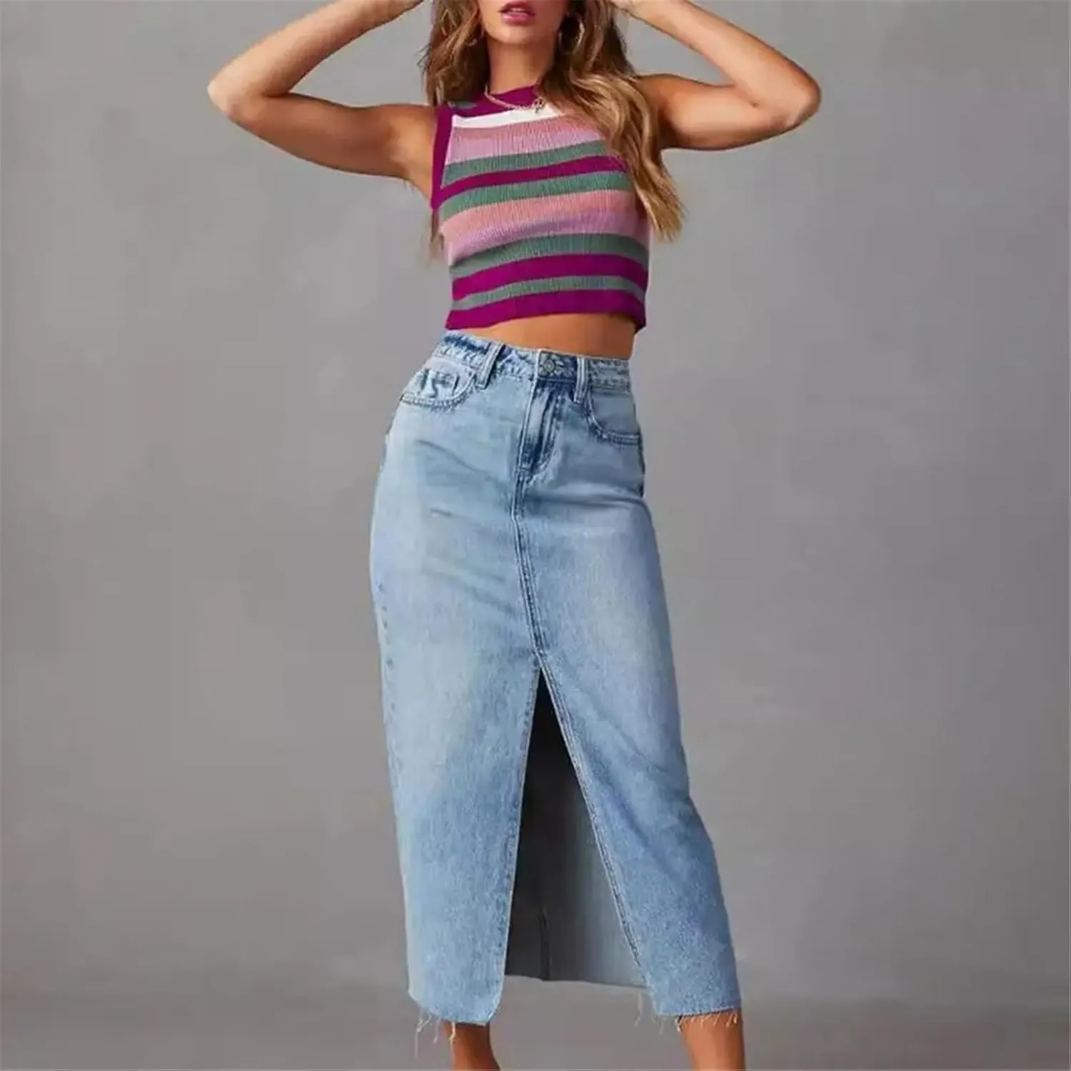 Women's Vintage High Waisted Washed Denim Skirt Trendy A-Line Front Slit Pocket Midi Skirt