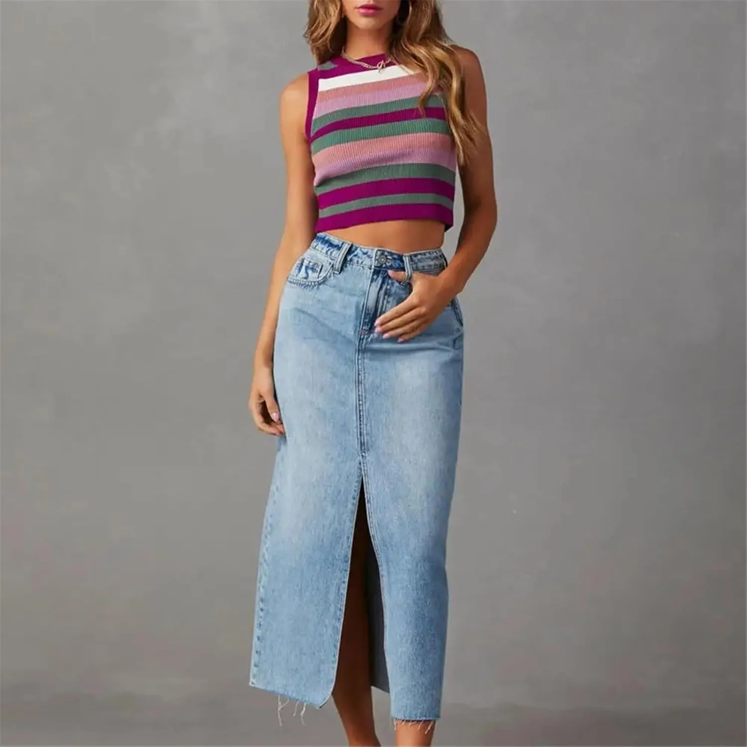 Women's Vintage High Waisted Washed Denim Skirt Trendy A-Line Front Slit Pocket Midi Skirt