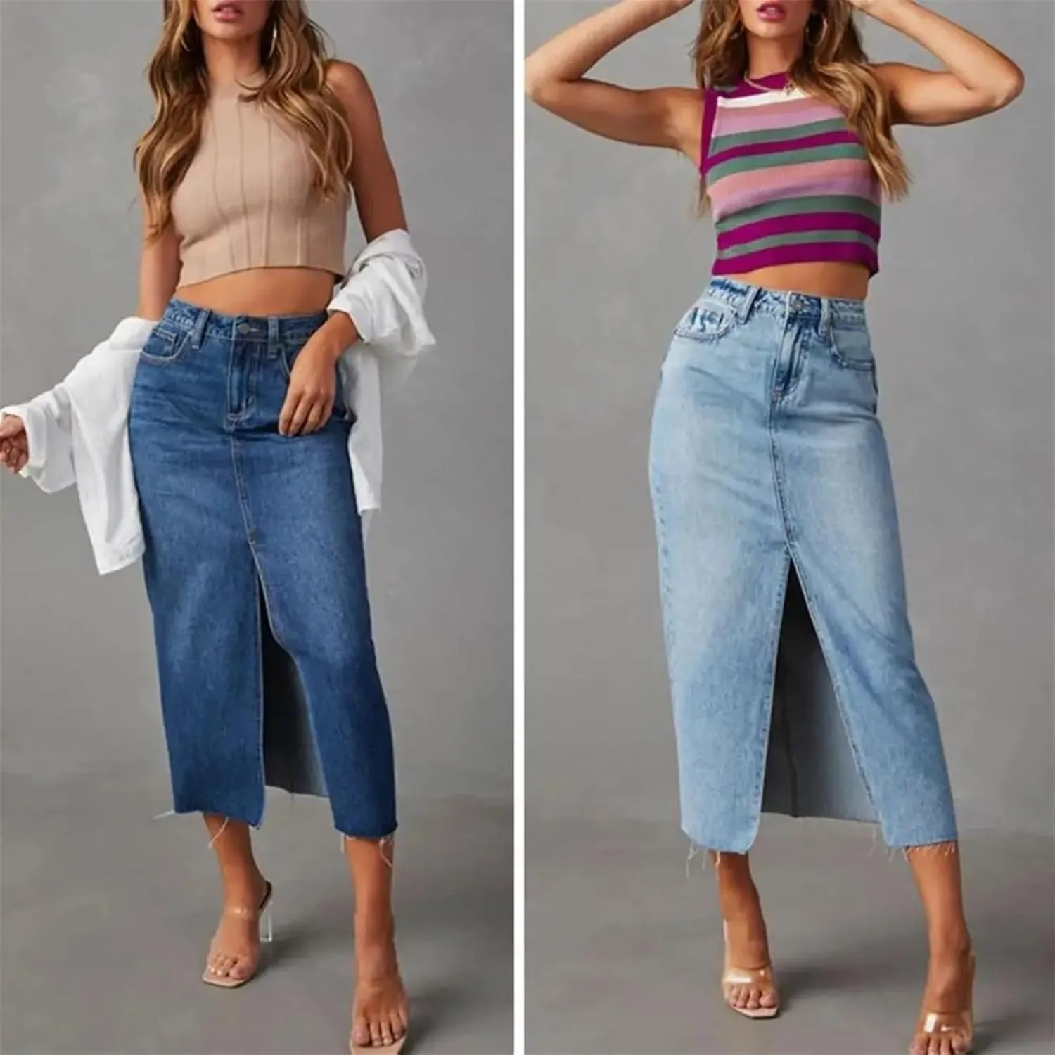 Women's Vintage High Waisted Washed Denim Skirt Trendy A-Line Front Slit Pocket Midi Skirt
