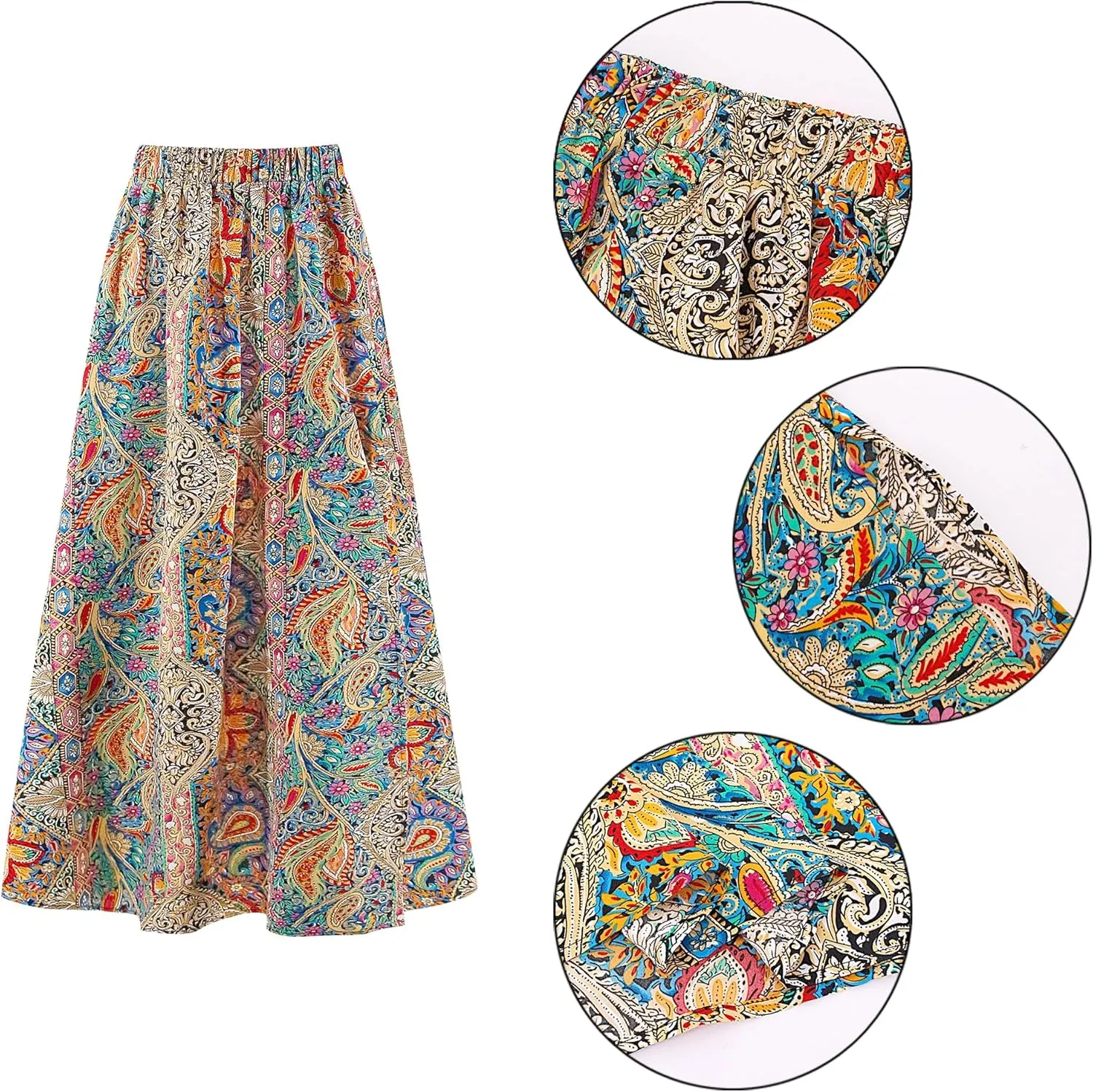 Women's Vintage Paisley Printed A-Line Skirt High Waist Sexy Split Maxi Flowy Midi Skirts for Beach Party Holiday