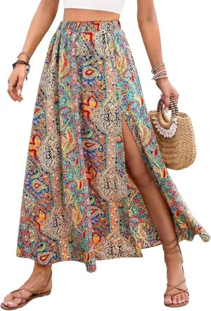 Women's Vintage Paisley Printed A-Line Skirt High Waist Sexy Split Maxi Flowy Midi Skirts for Beach Party Holiday