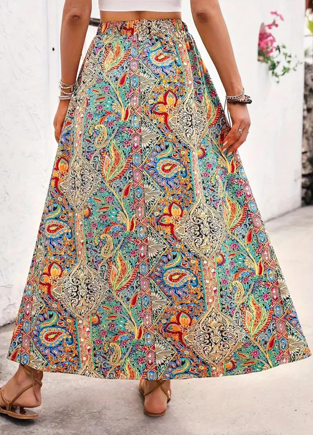 Women's Vintage Paisley Printed A-Line Skirt High Waist Sexy Split Maxi Flowy Midi Skirts for Beach Party Holiday