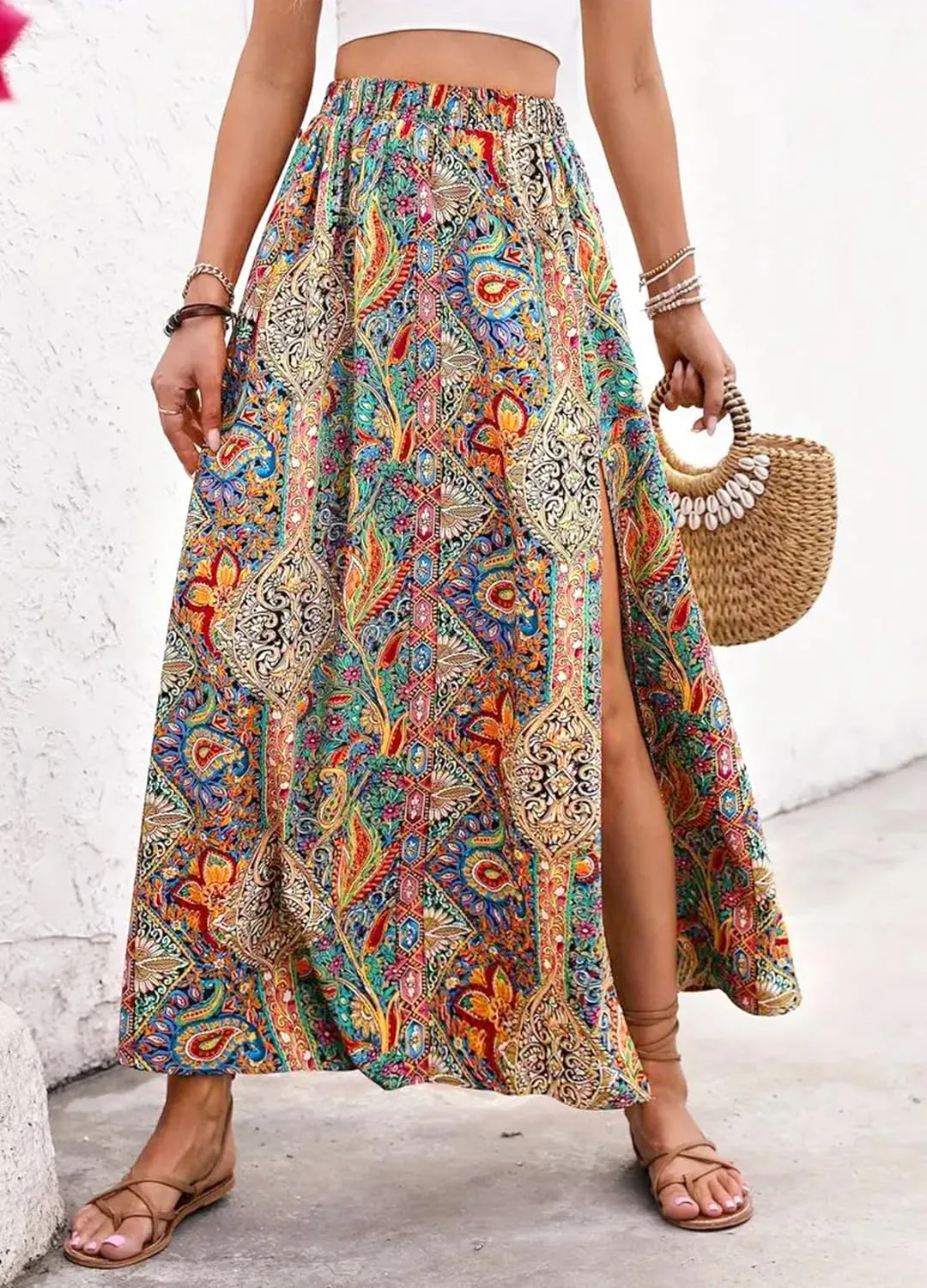 Women's Vintage Paisley Printed A-Line Skirt High Waist Sexy Split Maxi Flowy Midi Skirts for Beach Party Holiday